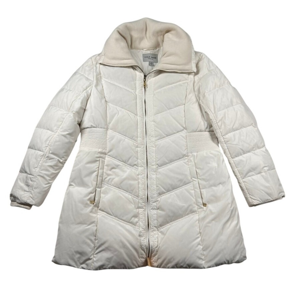 Cole Haan Coat Womens XL Signature Down Puffer Ivory Quilted Chevron White